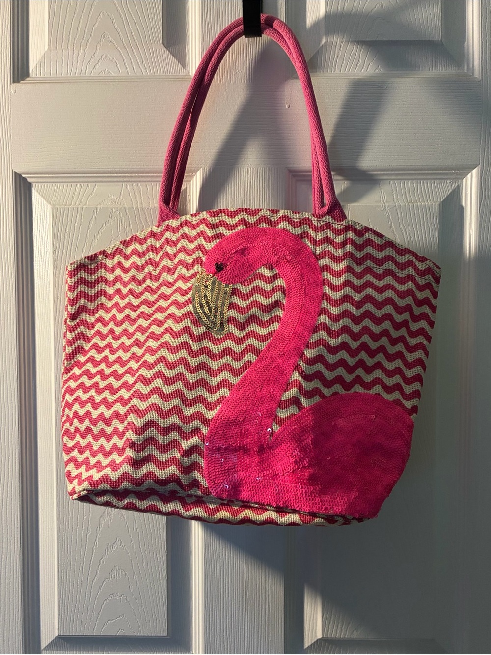 Mud Pie Pink Flamingo Sequin Tote Bag